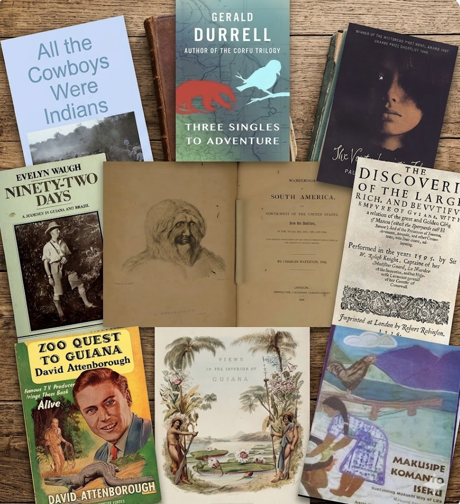 A top-down photograph of nine vintage and classic books laid out in an overlapping collage on a rustic, wood-grain table.