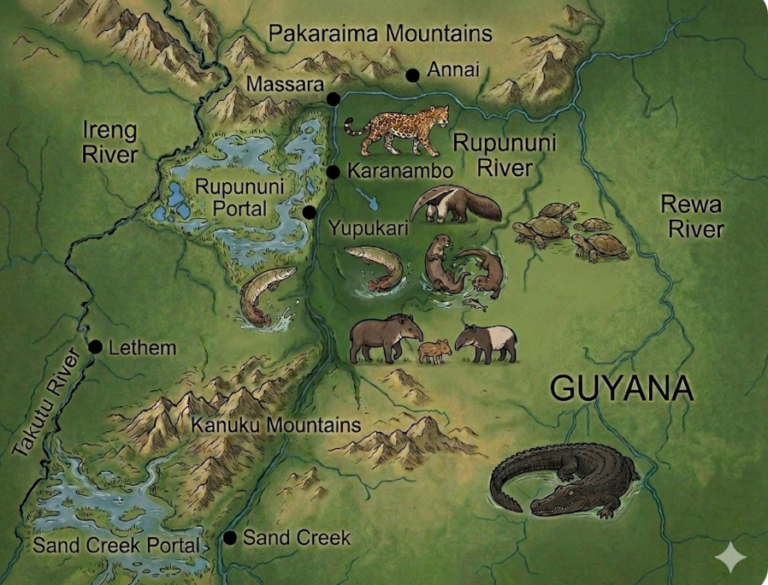 Illustrated map of the Rupununi wetlands in southern Guyana showing the Rupununi and Rewa rivers, two seasonal flood portals, surrounding mountain ranges, and representative wildlife.