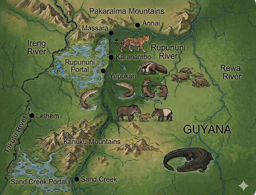Illustrated map of the Rupununi wetlands in southern Guyana showing the Rupununi and Rewa rivers, two seasonal flood portals, surrounding mountain ranges, and representative wildlife.