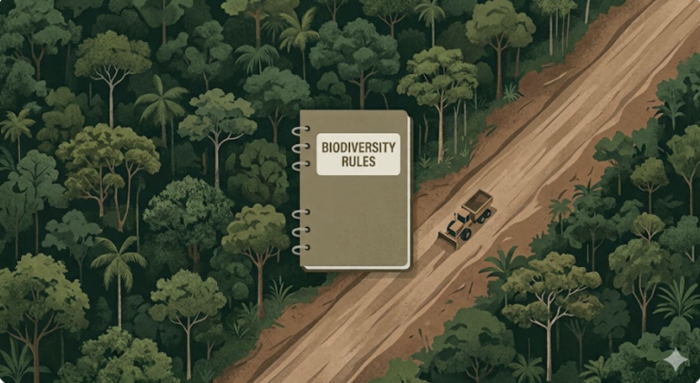 Biodiversity revenue governance in Guyana shown as forest, infrastructure corridor, and a rulebook motif.
