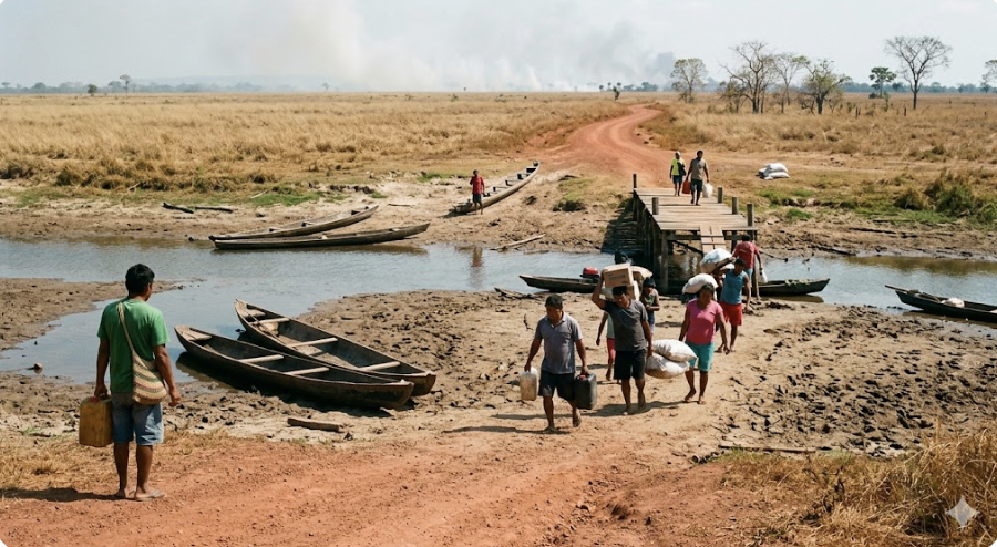 People carry supplies beside a low river in the Rupununi, with grounded boats and light smoke haze in the distance.