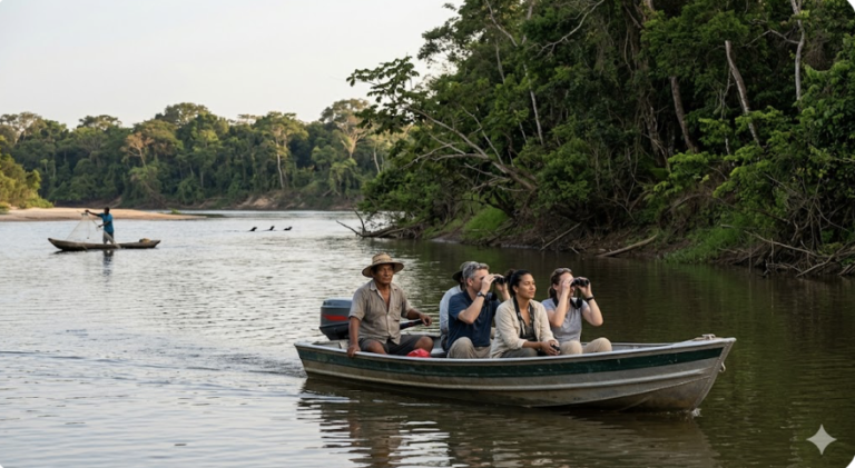 A small boat with local guides on a wide river in Guyana’s Rupununi, with forested banks and fishing activity visible in the background.