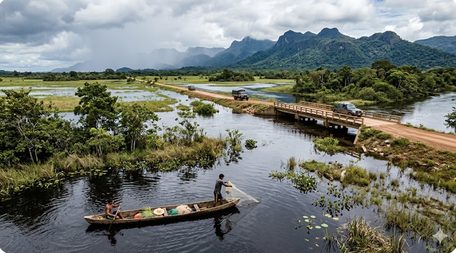 Flooded savanna near the Kanuku Mountains in Guyana, with people travelling by boat and a road visible in the distance.