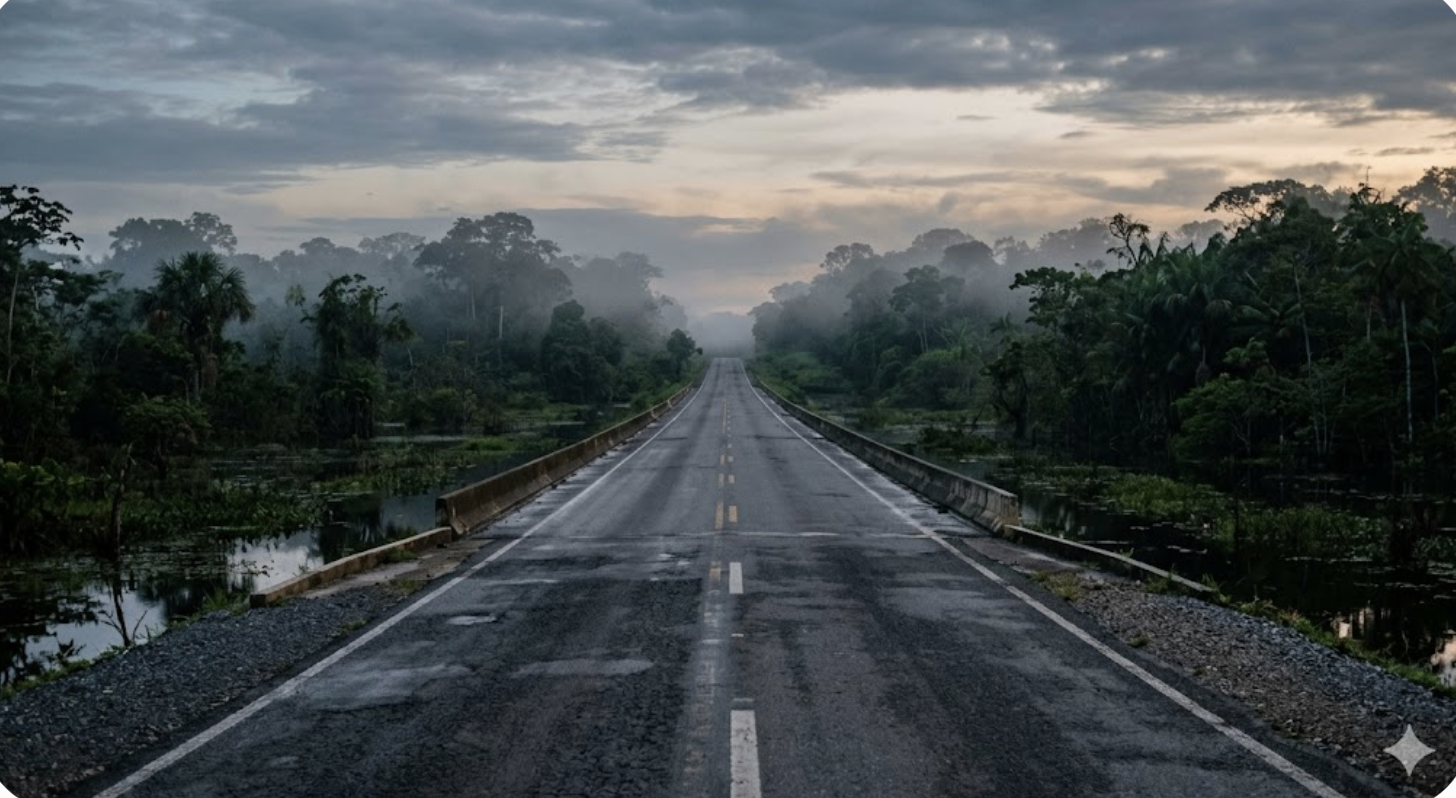 A paved highway running in a straight line through a tropical wetland forest at dawn, with water and trees on both sides of the embankment