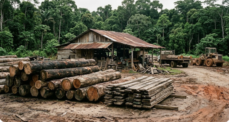 Timber yard beside tropical forest with stacked logs, rough-cut boards, and a small processing shed.