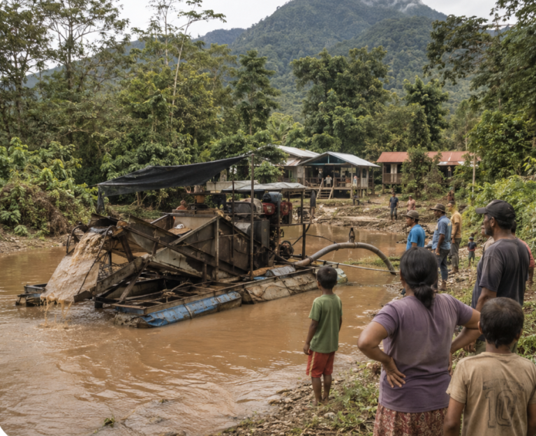 Alluvial dredge on a muddy Marudi creek beside a Wapichan village, the human face of Rupununi gold mining.
