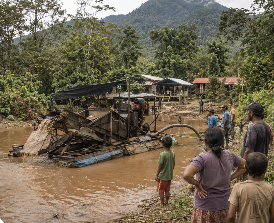 Alluvial dredge on a muddy Marudi creek beside a Wapichan village, the human face of Rupununi gold mining.