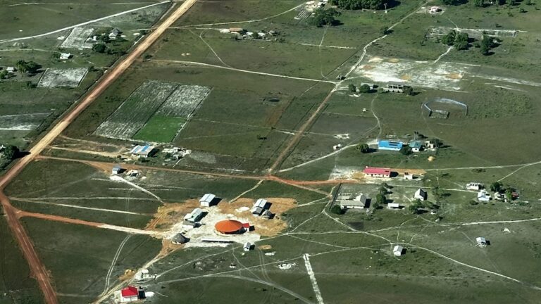 Rupununi carbon money: the Georgetown-Lethem Road runs past Annai's homes, farm plots and round meeting house.
